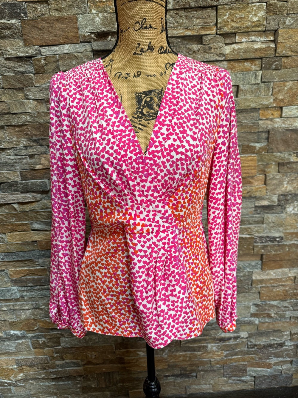 BCBGMAXAZRIA Pink Orange Silk Romantic Heart Faux Wrap Blouse Small Valentines